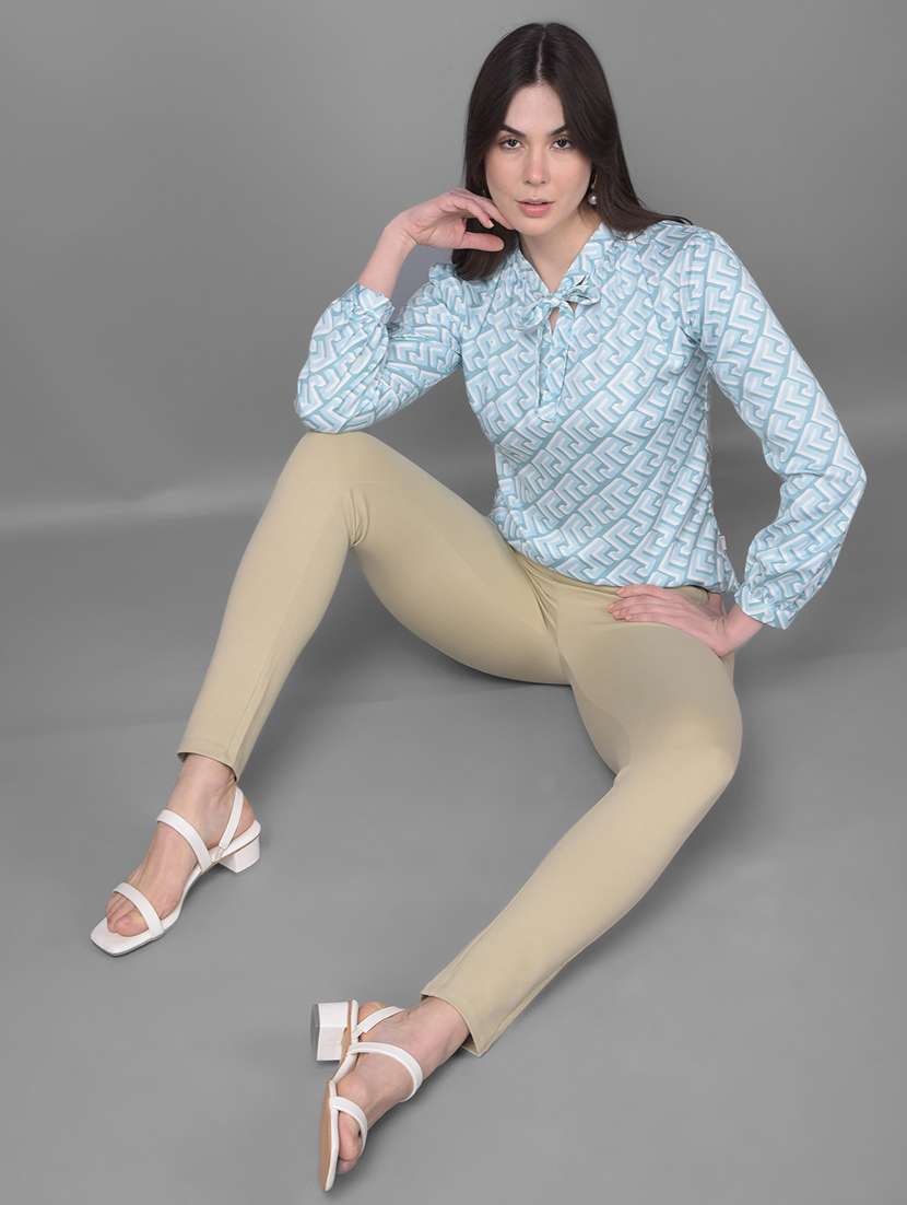 women printed tie up neck puff sleeves top - 20946333 - Standard Image - 4