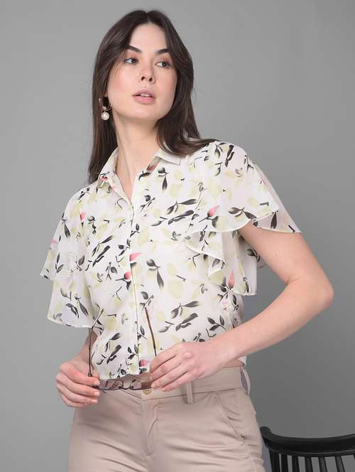 women collared printed flared sleeves top - 20946334 - Standard Image - 0
