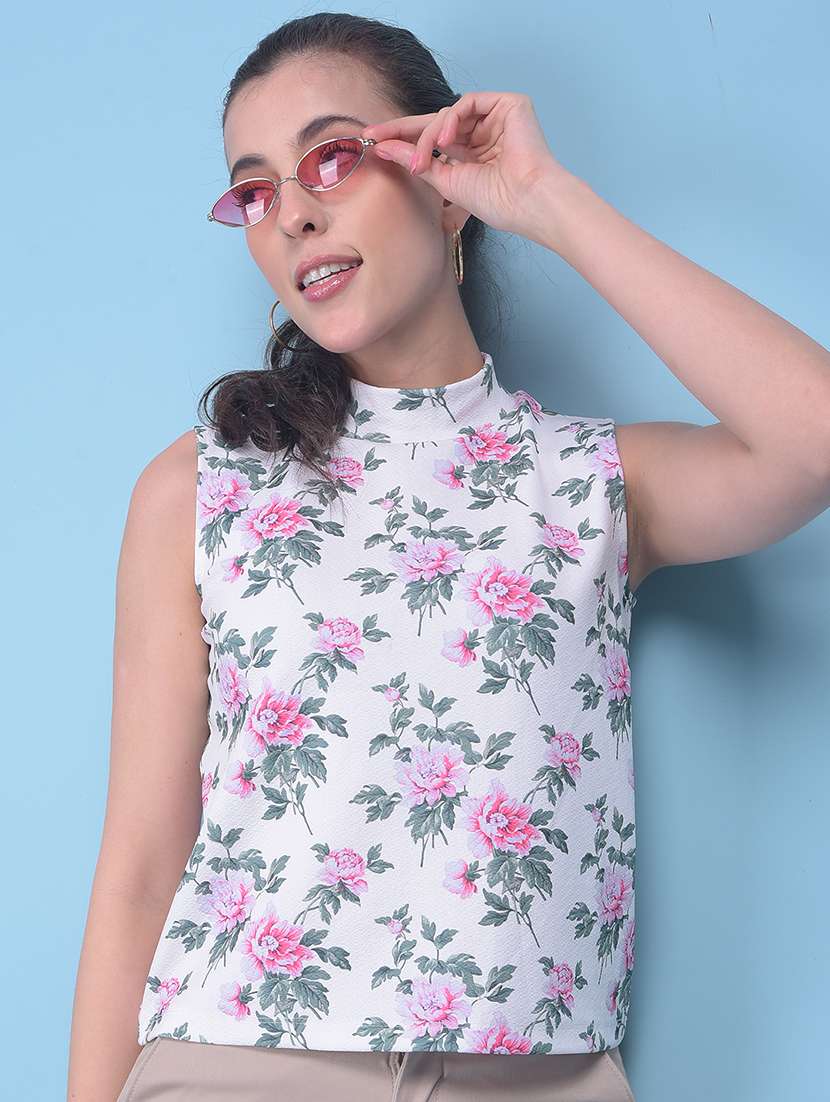 women off white floral printed regular top