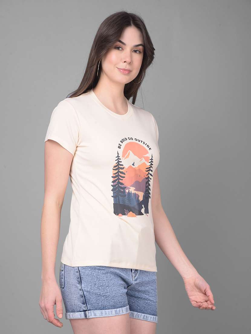 beige cotton front print t-shirt - 20946368 -  Standard Image - 1