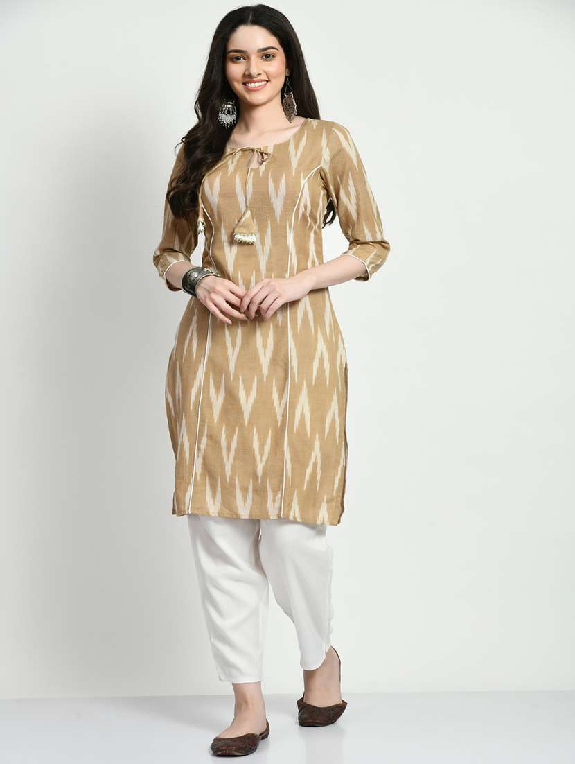 women beige key hole neck kurta pant set 
