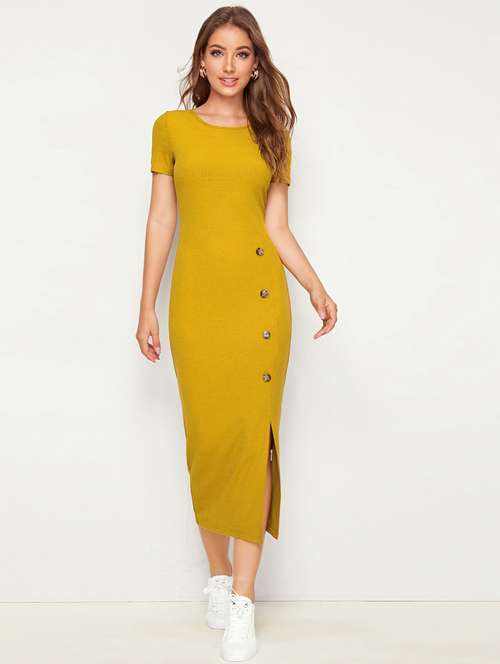 women mustard solid bodycon dress - 20946438 -  Standard Image - 0