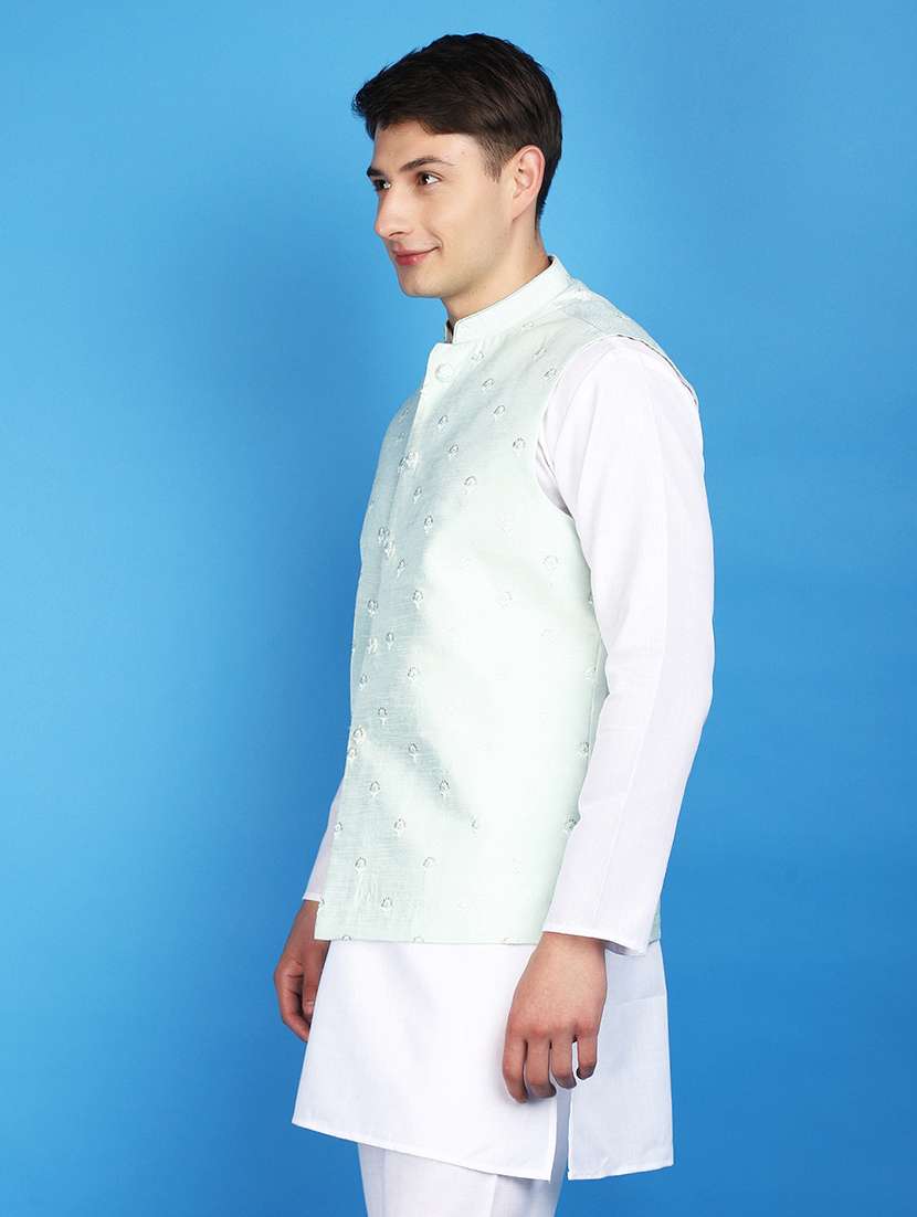 sea green polyester nehru jacket - 20946492 -  Standard Image - 1
