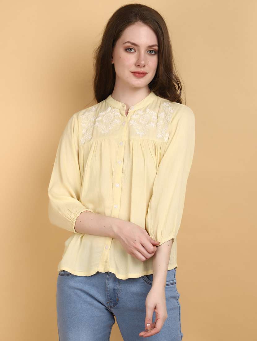 pastel yellow rayon embroidered straight top - 20946533 -  Standard Image - 1