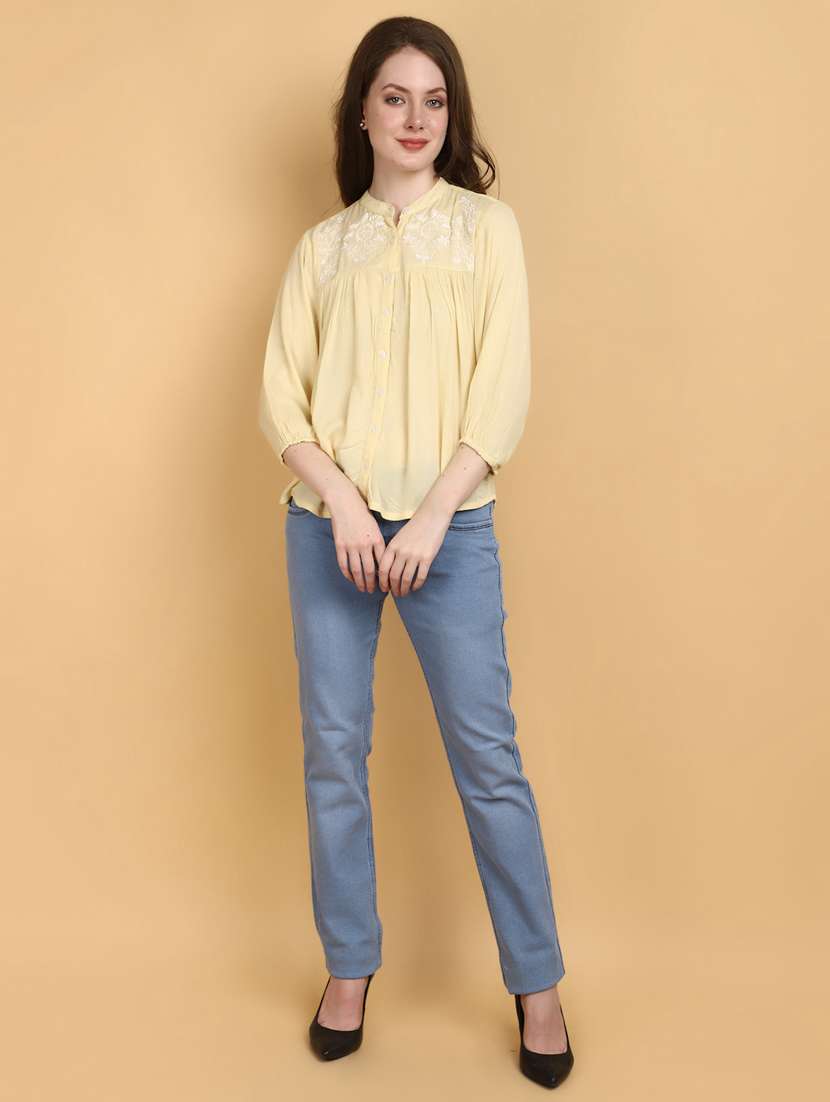 pastel yellow rayon embroidered straight top - 20946533 -  Standard Image - 4
