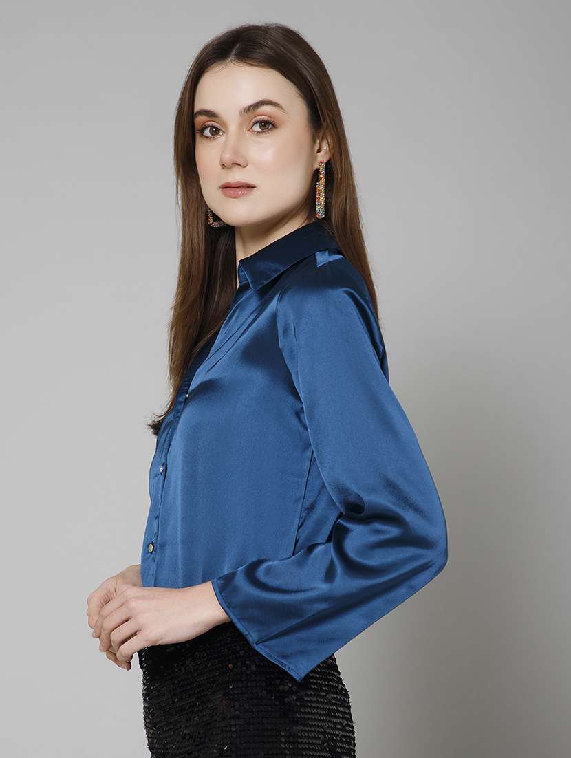 teal satin plain shirt - 20947207 - Standard Image - 1