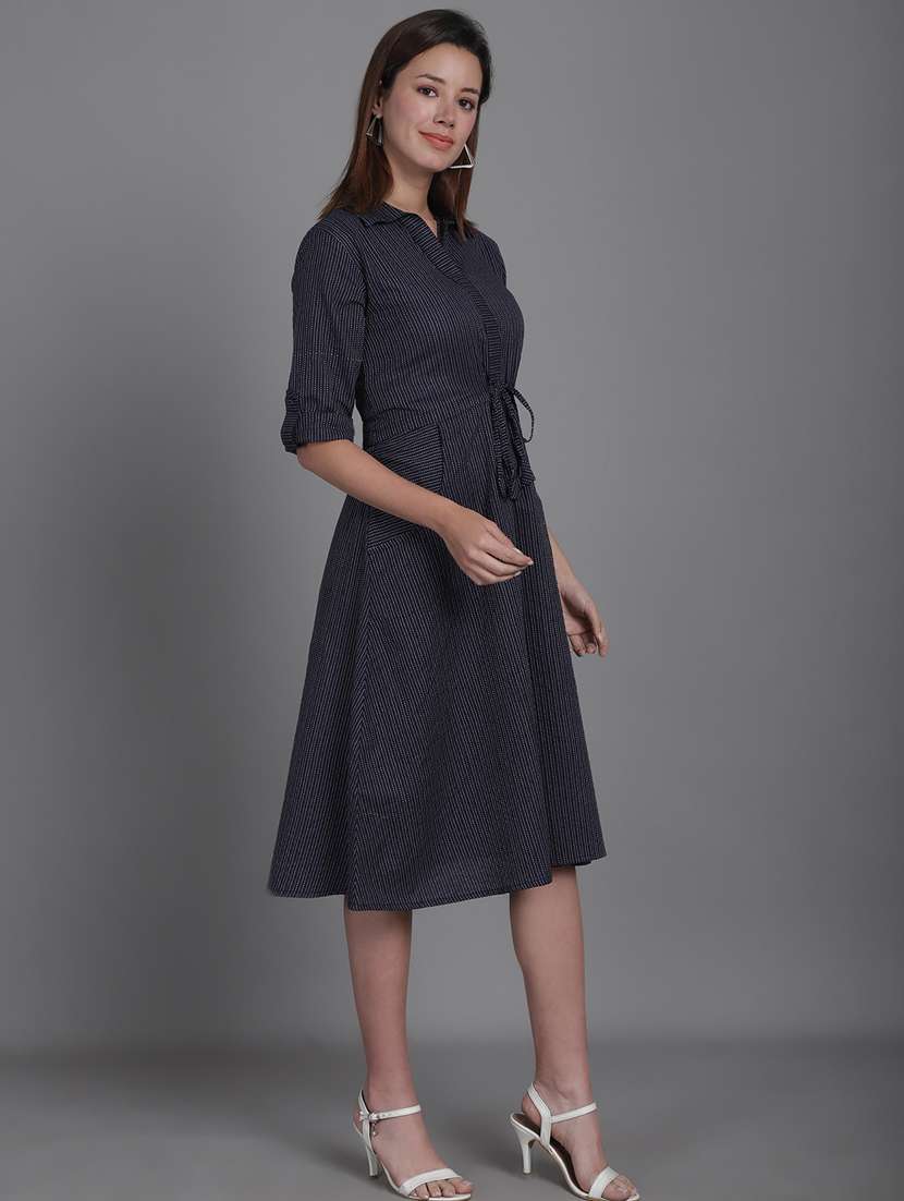 navy blue striped printed detailed midi dress - 20947292 -  Standard Image - 1