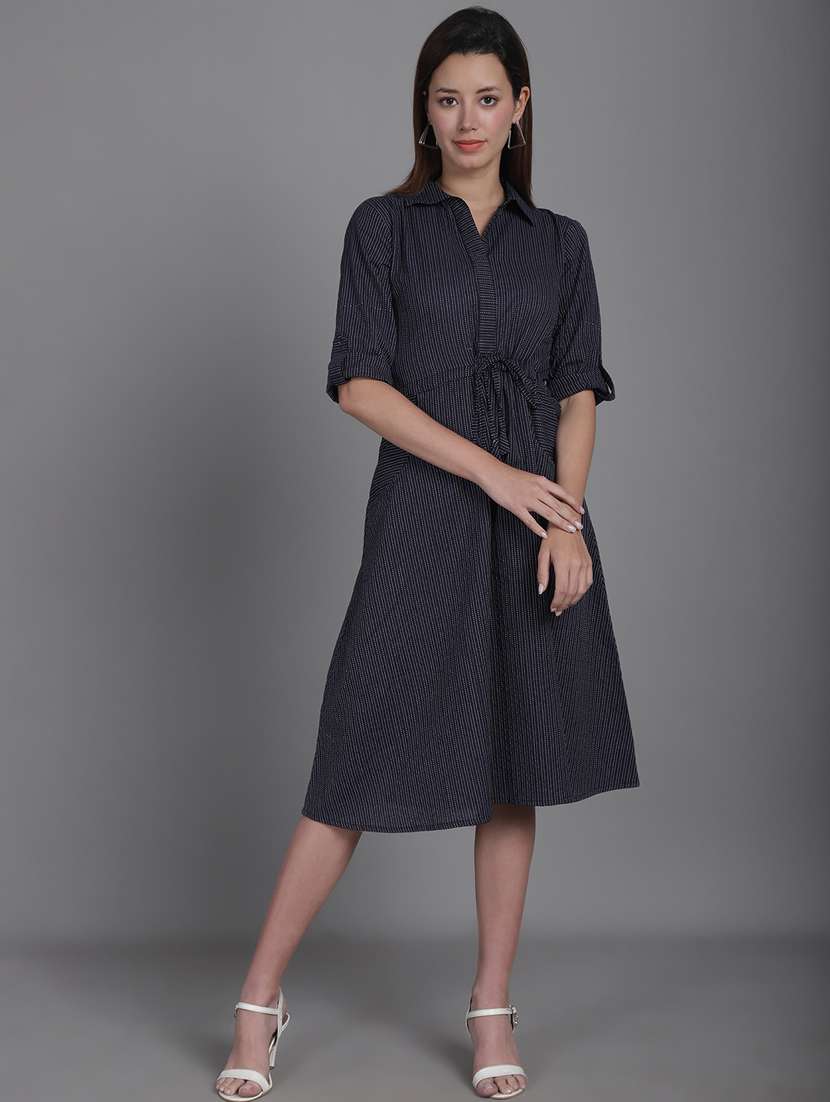 navy blue striped printed detailed midi dress - 20947292 -  Standard Image - 4