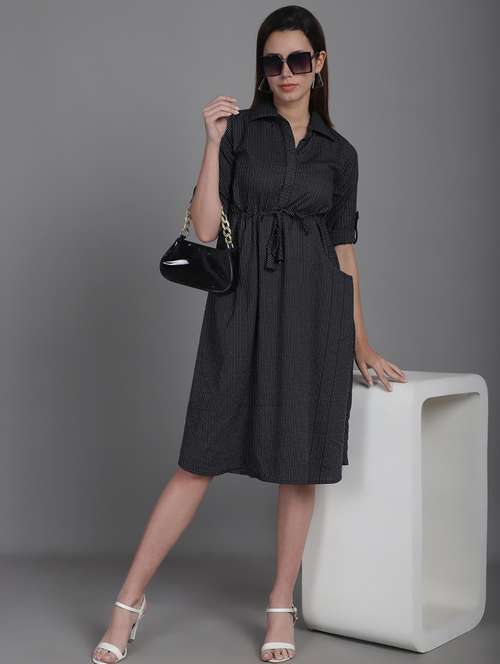 black striped detailed midi dress - 20947298 -  Standard Image - 0