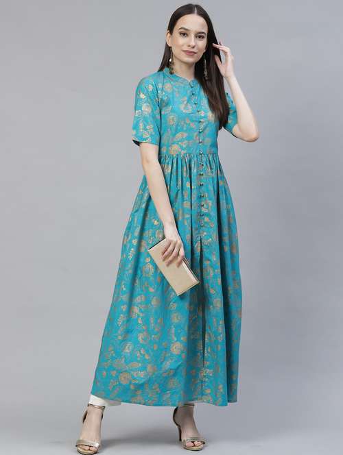 women blue mandarin neck flared kurta - 20947991 -  Standard Image - 0