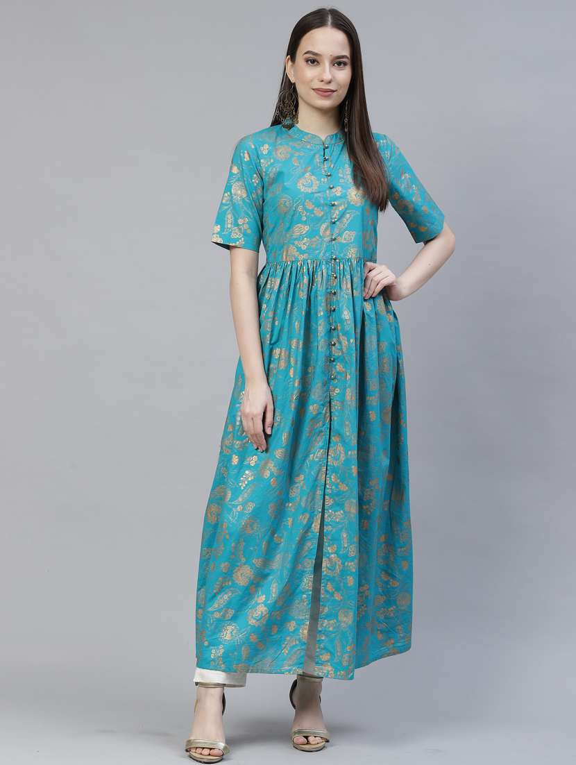 women blue mandarin neck flared kurta - 20947991 - Standard Image - 1