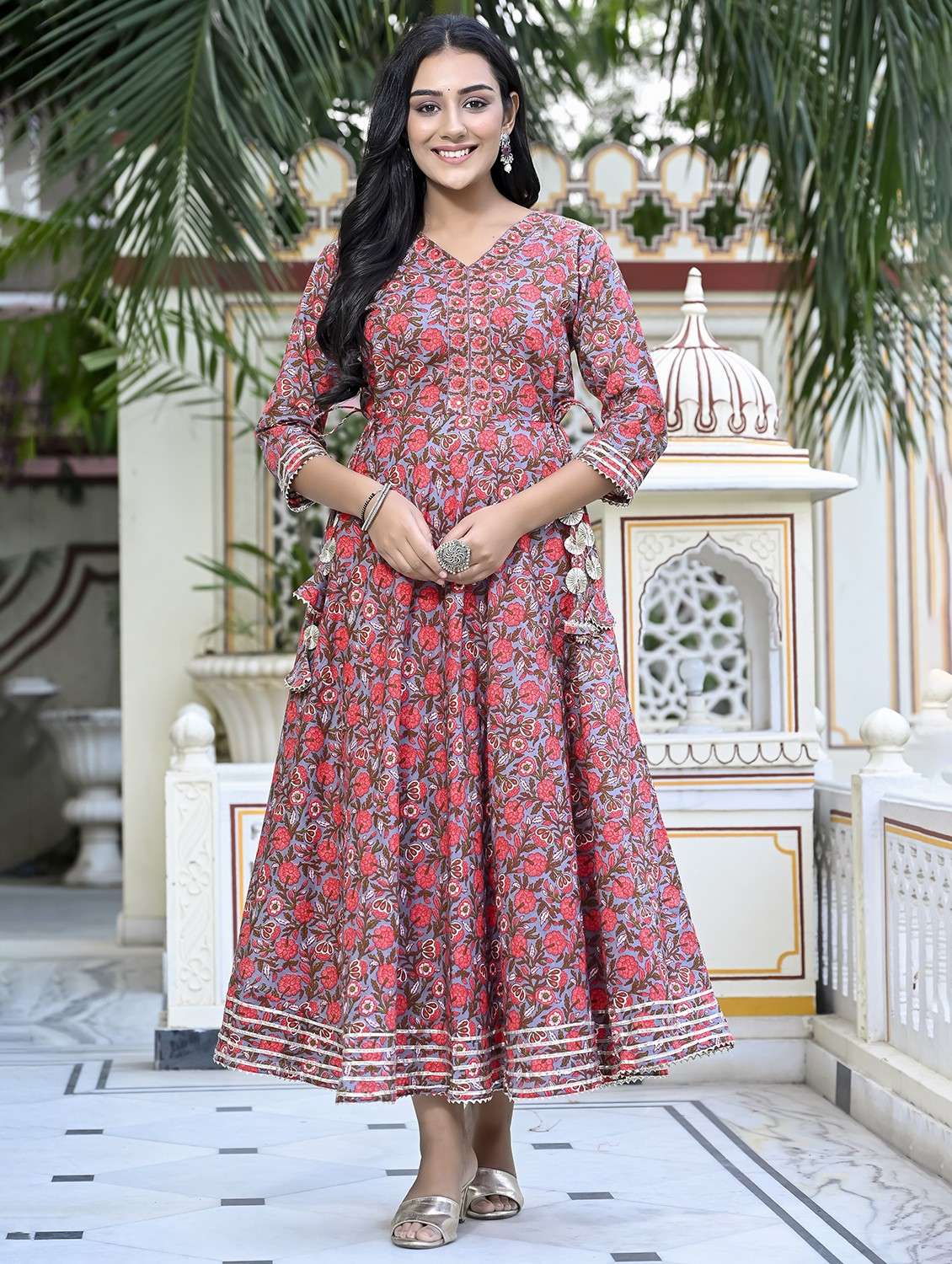 women grey florals printed flared dress