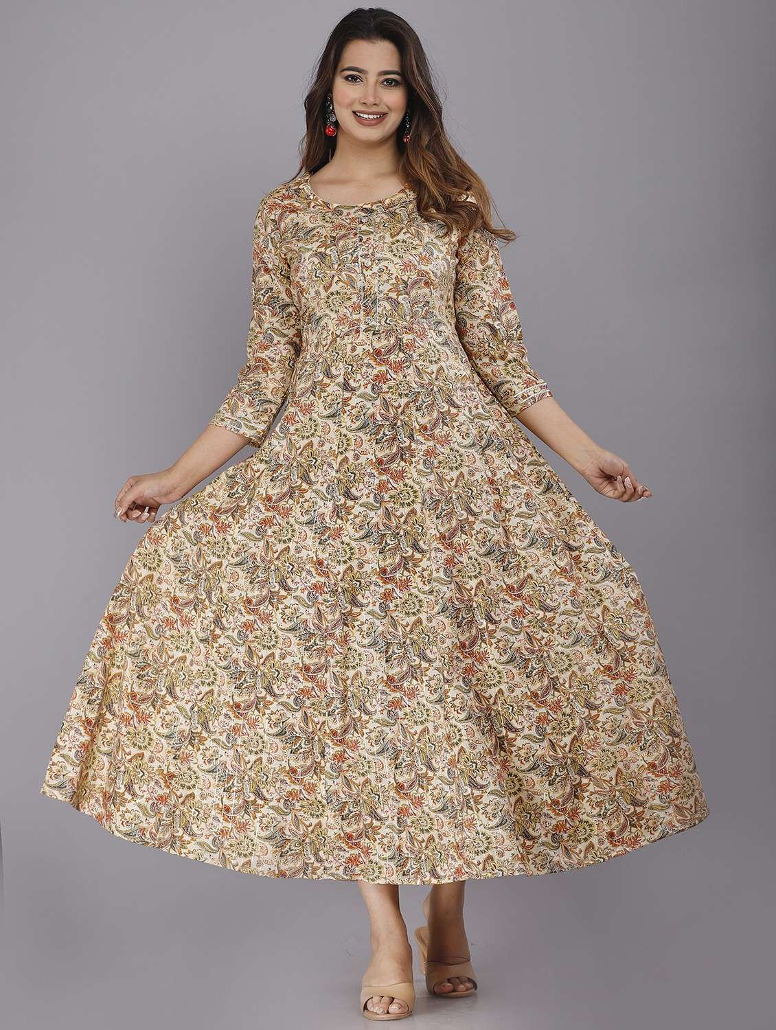 women beige round neck anarkali dress