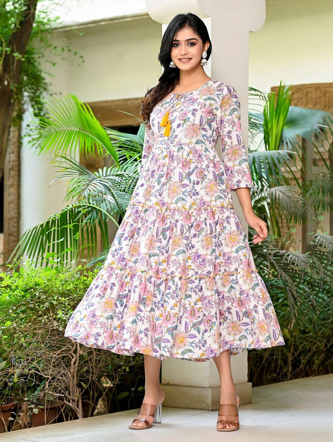 women white florals printed flared dress