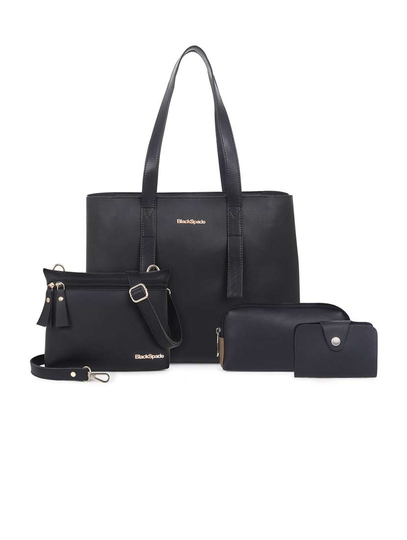  black solid set of 3 leatherette (pu) regular tote
