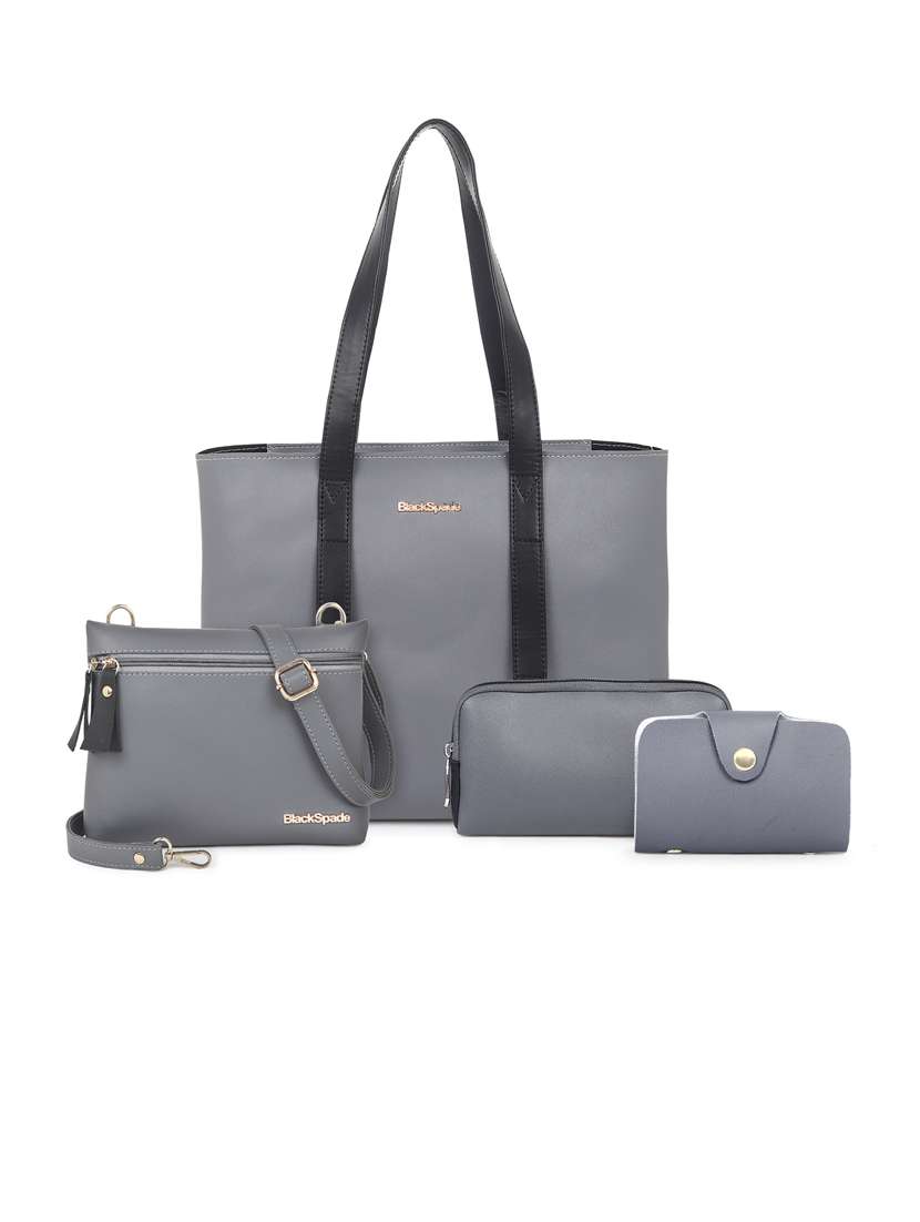 grey solid set of 3 leatherette (pu) regular tote - 20948280 -  Zoom Image - 0