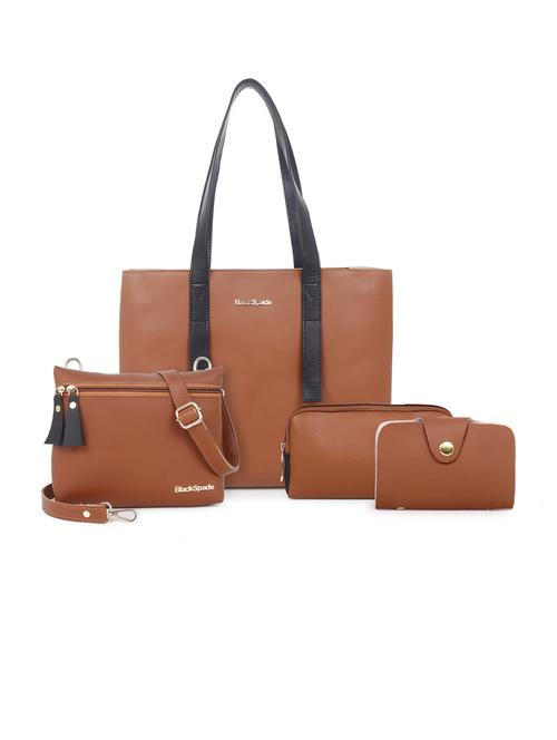 tan solid set of 3 leatherette (pu) regular tote - 20948282 - Standard Image - 0