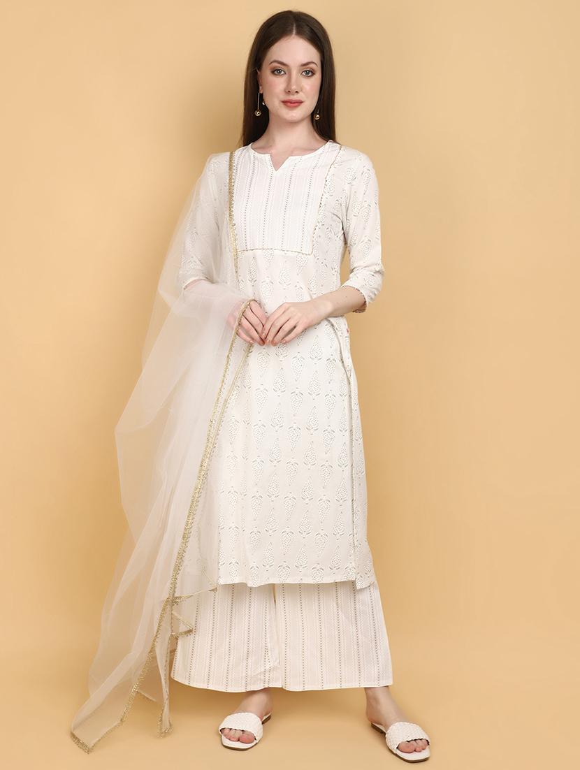 women off white three quarter sleeve kurta palazzo set - 20948774 - Zoom Image - 0