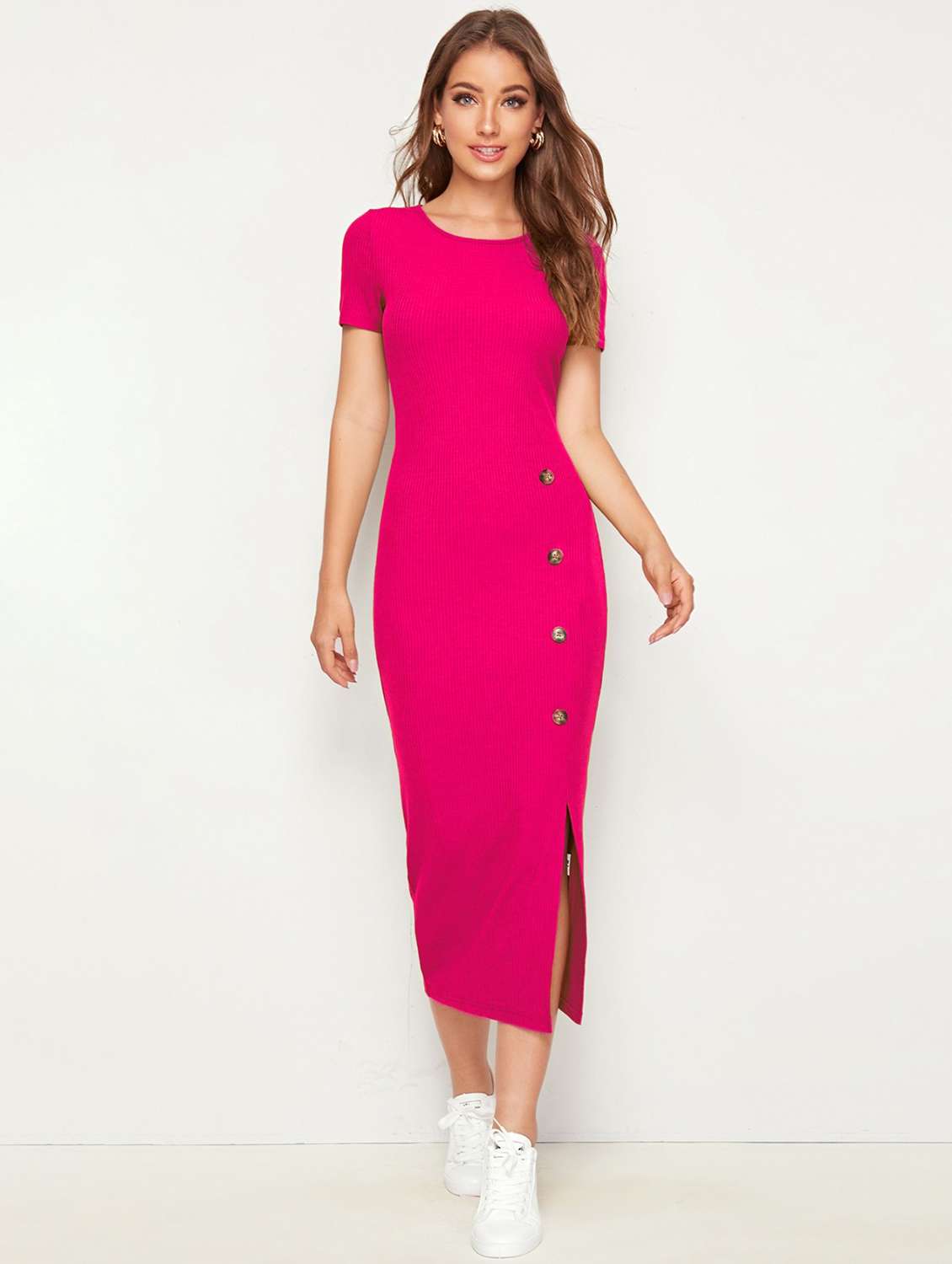 women pink solid bodycon dress