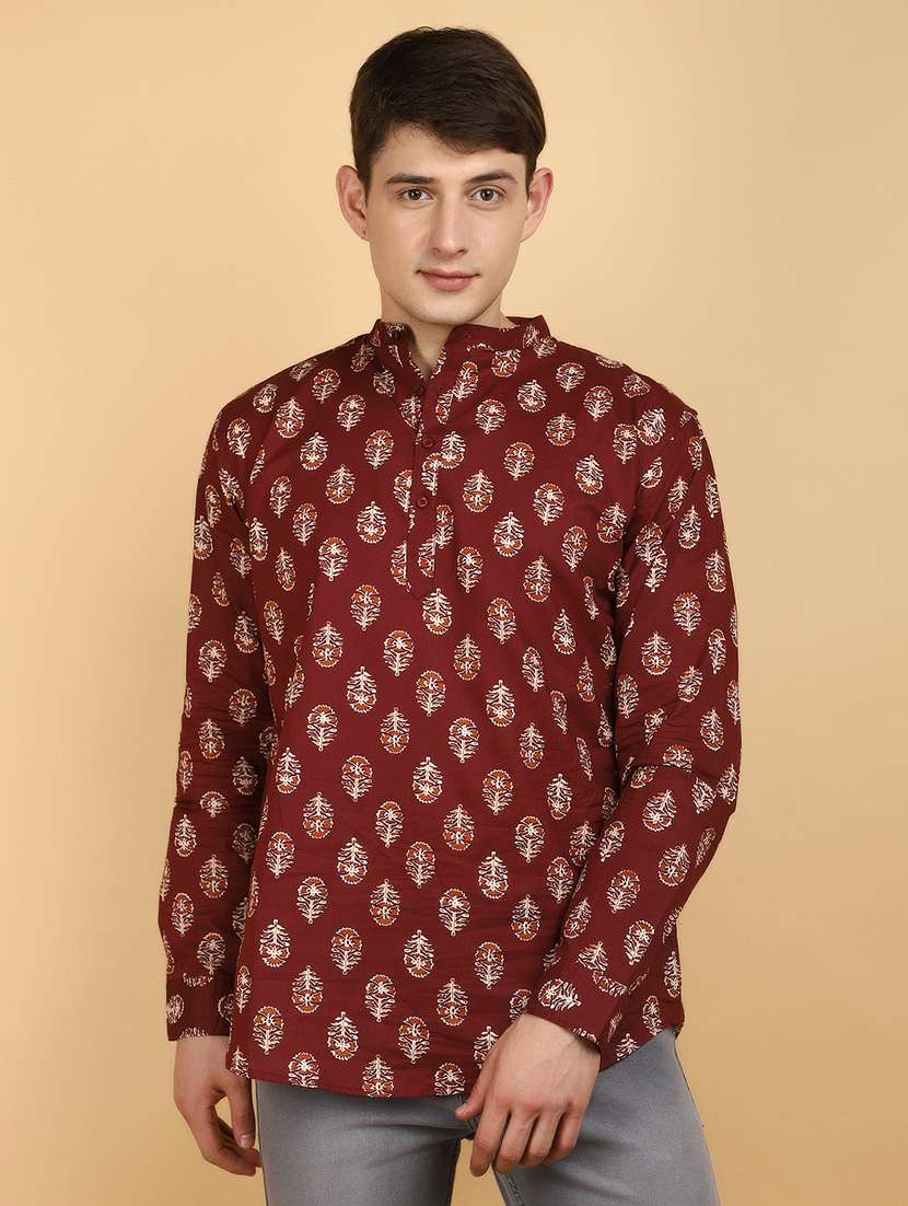 men printed long sleeves short kurta
