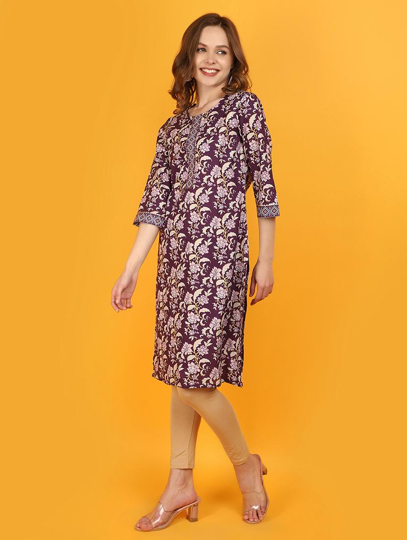 women purple round neck straight kurta - 20951115 -  Standard Image - 1