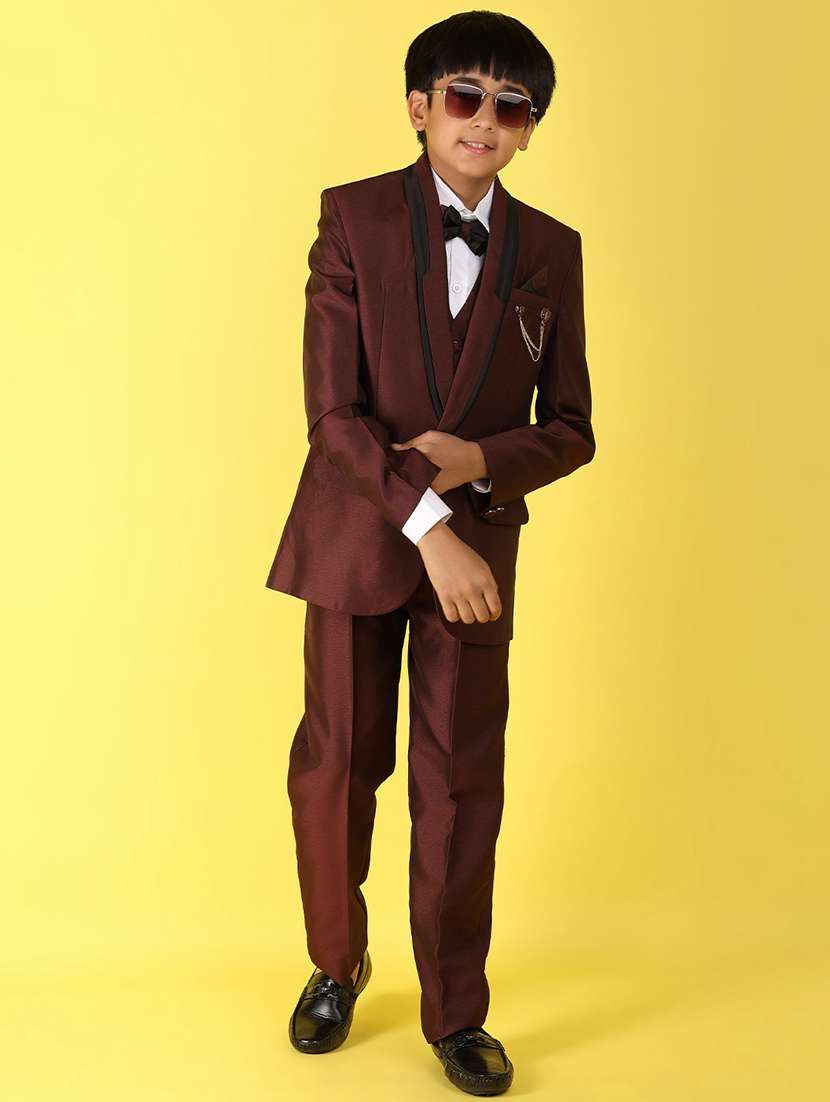 boys maroon solid suit set - 20951204 -  Standard Image - 1