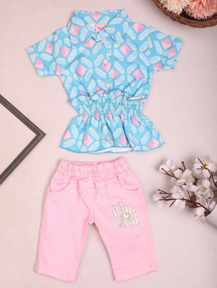 girls blue printed capri set