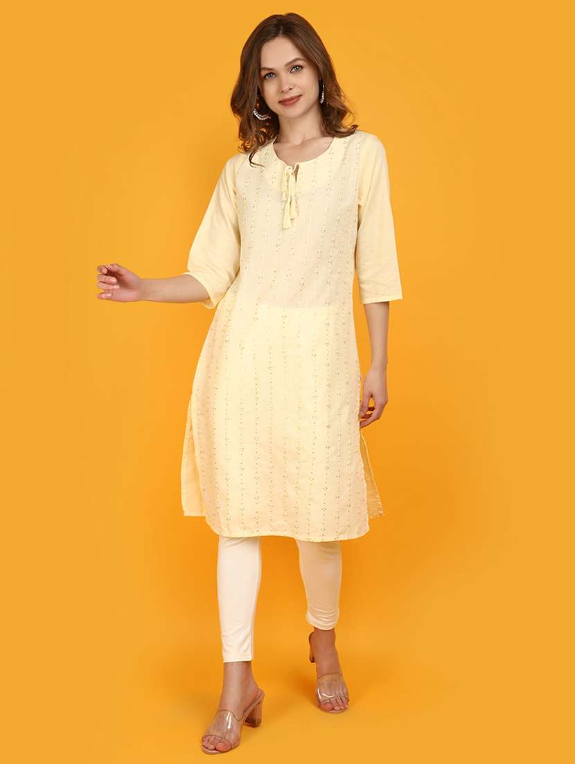 women yellow tie-up neck straight kurta