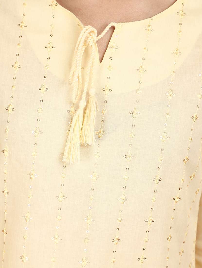 women yellow tie-up neck straight kurta - 20957387 -  Standard Image - 4