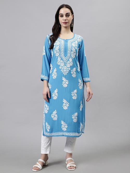 notch neck chikankari work straight kurta - 20957580 -  Standard Image - 0