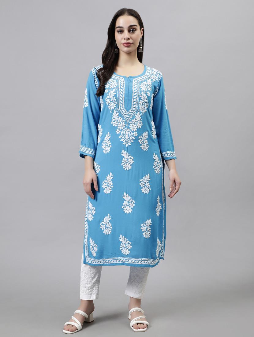 notch neck chikankari work straight kurta - 20957580 -  Zoom Image - 0