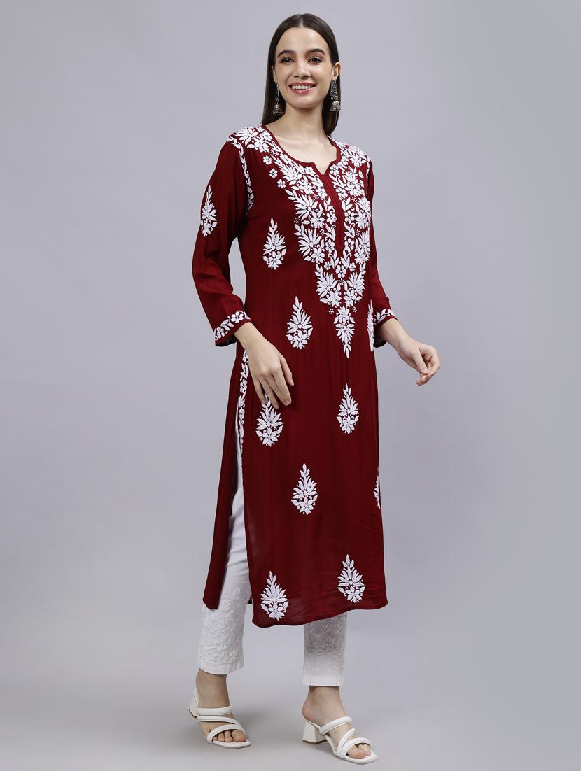 notch neck chikankari work straight kurta - 20957591 -  Standard Image - 1