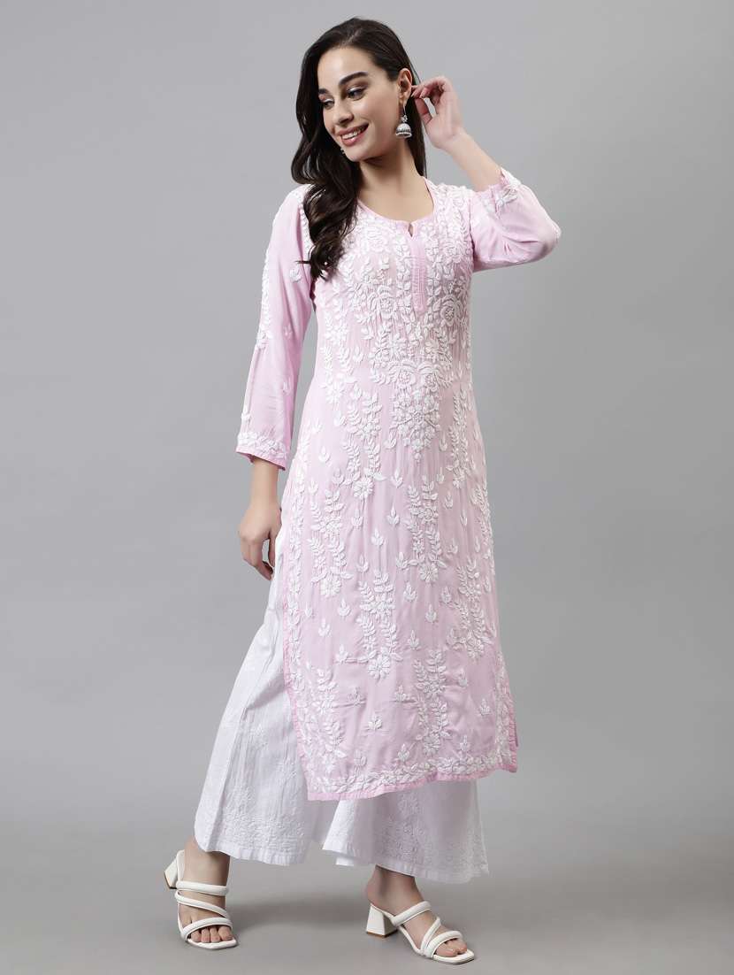 notch neck chikankari work straight kurta - 20957608 -  Standard Image - 1