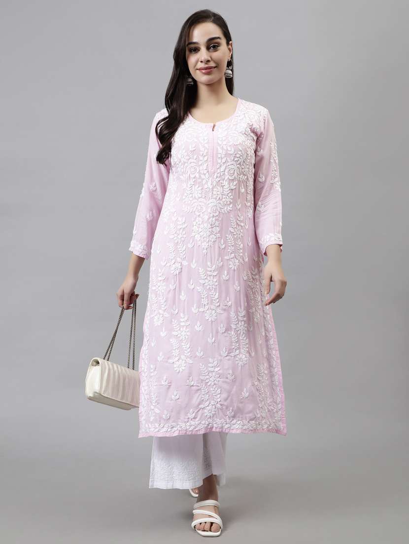 notch neck chikankari work straight kurta - 20957608 -  Standard Image - 4