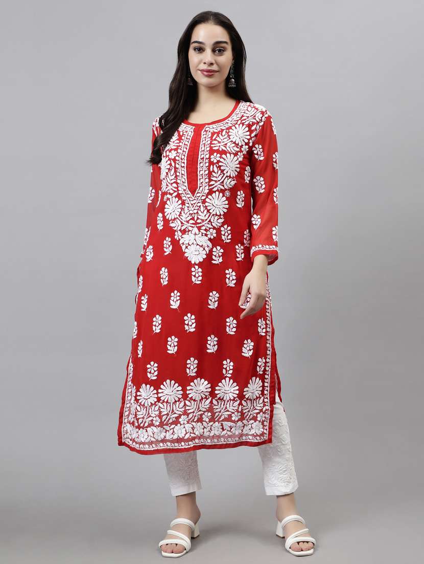 round neck chikankari work straight kurta - 20957627 - Zoom Image - 0