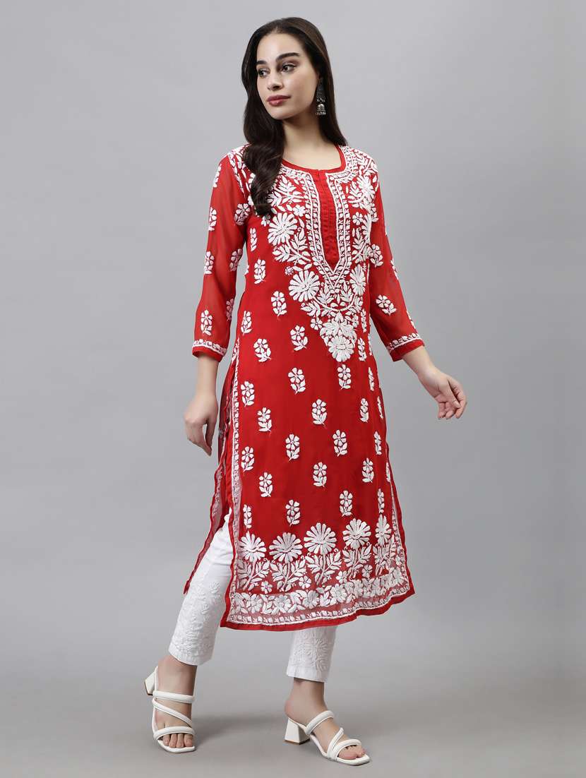 round neck chikankari work straight kurta - 20957627 - Standard Image - 1