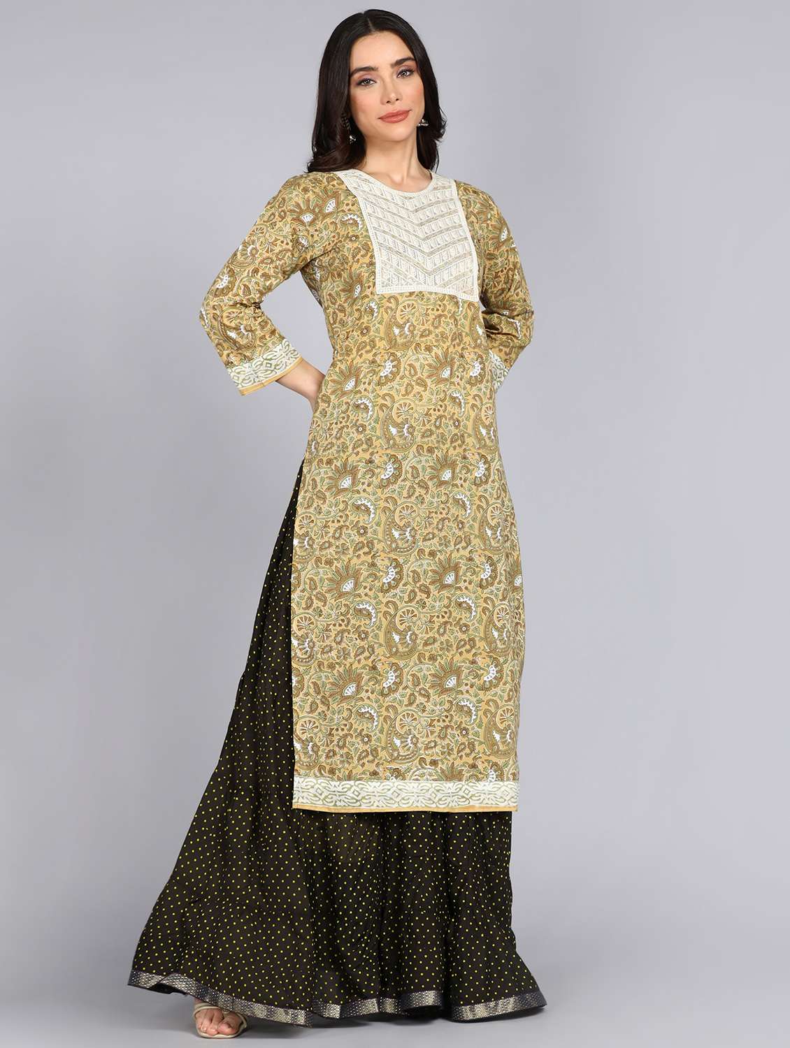 women yellow round neck straight kurta