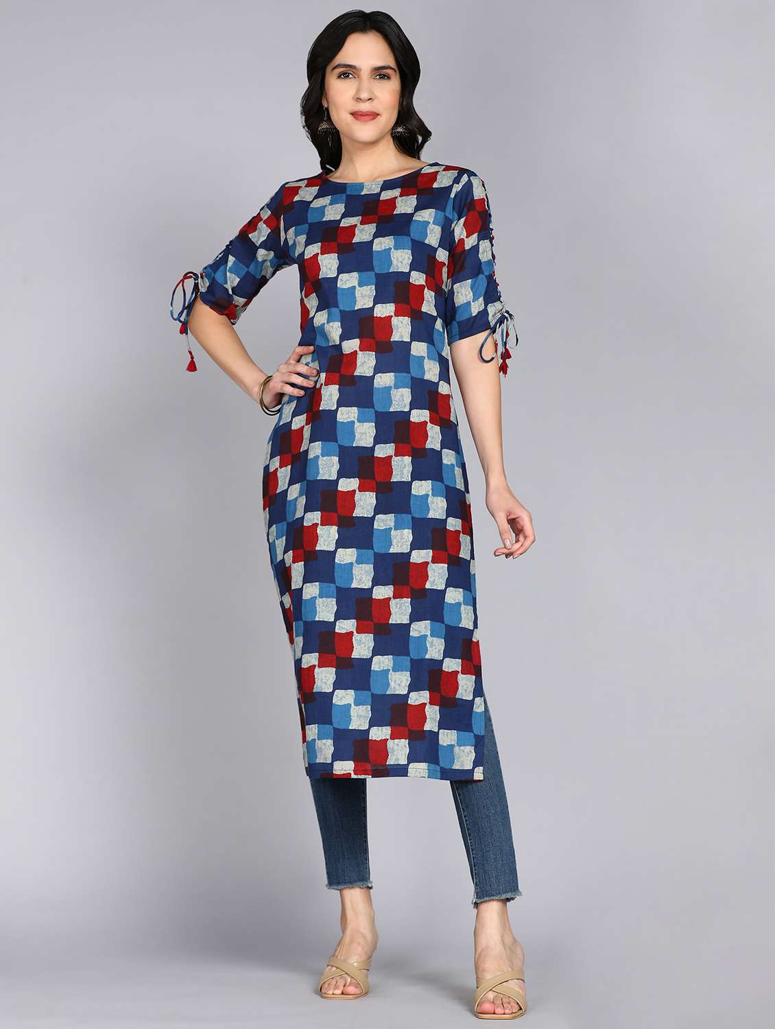 women multi color round neck straight kurta
