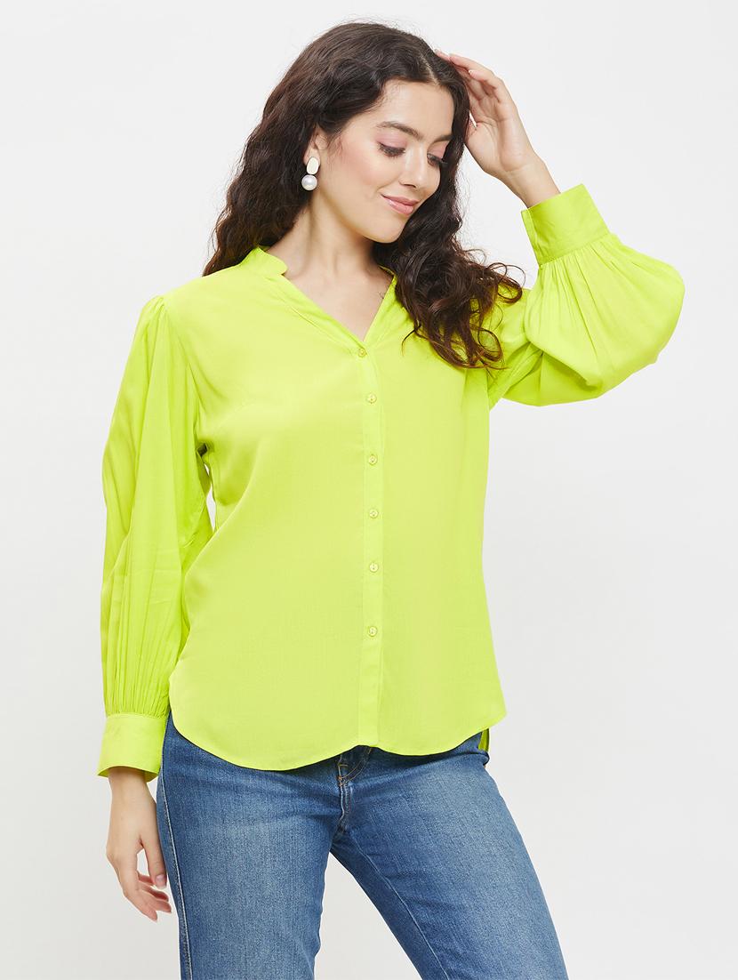 womne solid bishop sleeves high low shirt - 20957941 -  Standard Image - 1