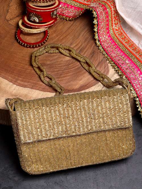 gold faux silk fold over clutch