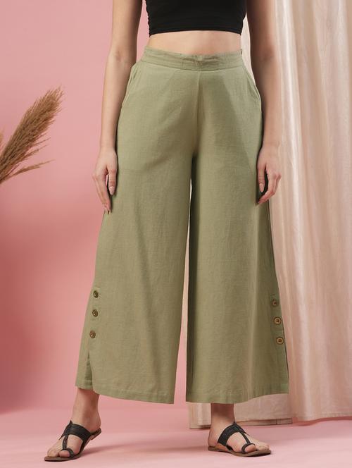 globus women olive mid-rise partially elasticated waist opaque wide leg palazzos - 20958584 - Standard Image - 0
