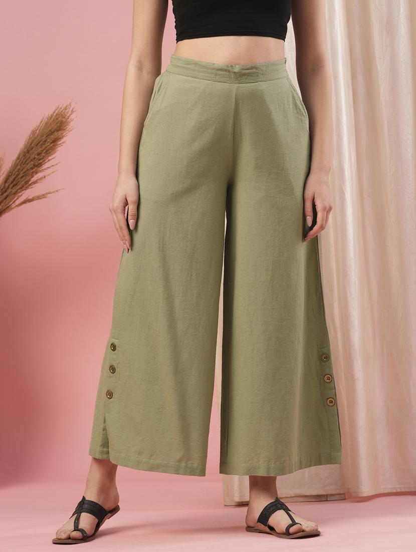 globus women olive mid-rise partially elasticated waist opaque wide leg palazzos - 20958584 - Zoom Image - 0