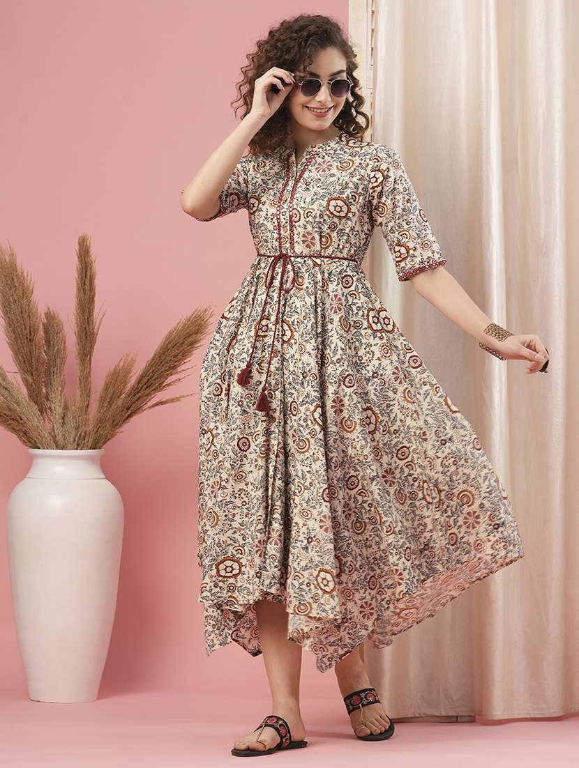globus women off white allover floral print asymmetric hem waist tie-up tassel drawstring midi dress