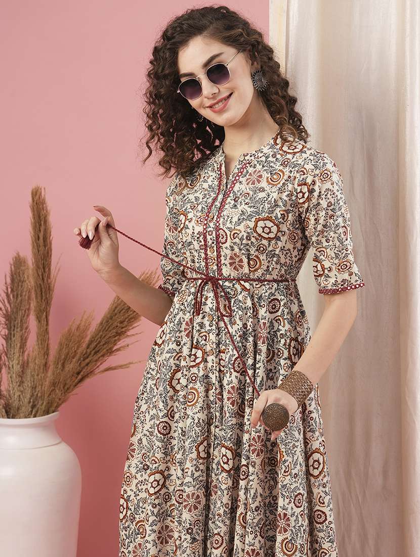 globus women off white allover floral print asymmetric hem waist tie-up tassel drawstring midi dress - 20958590 -  Standard Image - 1