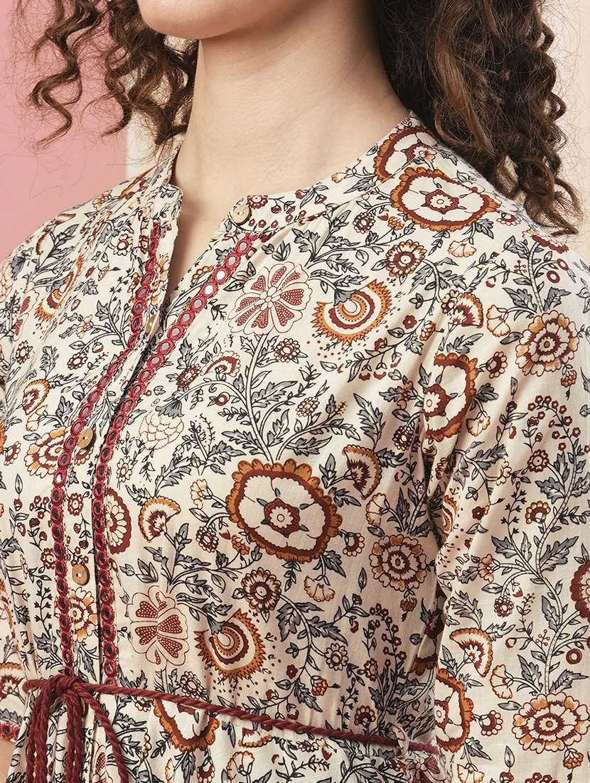 globus women off white allover floral print asymmetric hem waist tie-up tassel drawstring midi dress - 20958590 -  Standard Image - 4