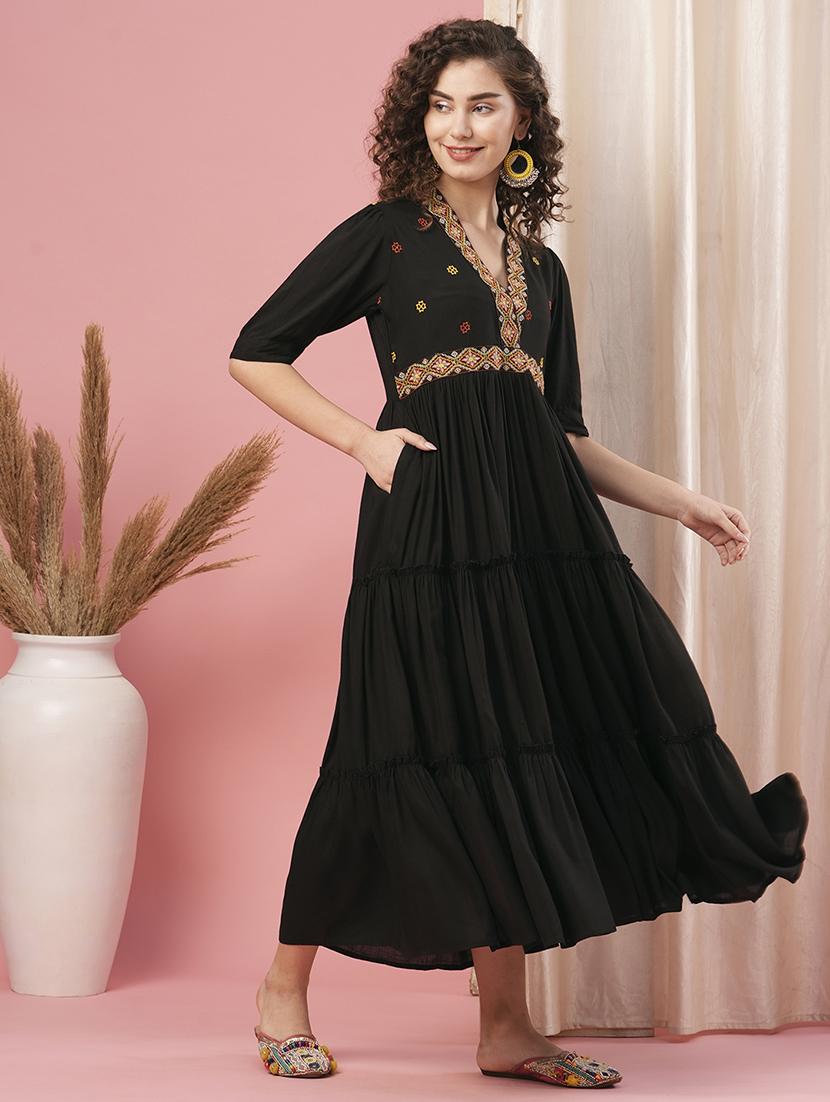 globus women black v-neck embroidered yoke tiered flared a-line dress - 20958591 - Standard Image - 1