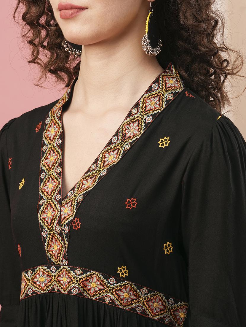 globus women black v-neck embroidered yoke tiered flared a-line dress - 20958591 - Standard Image - 4