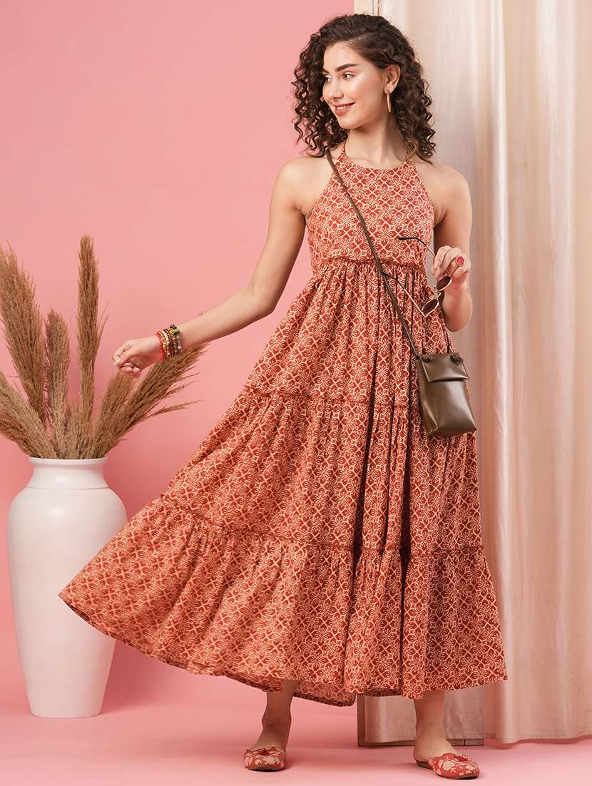 globus women red ethnic motif print halter neck cotton a-line casual dress