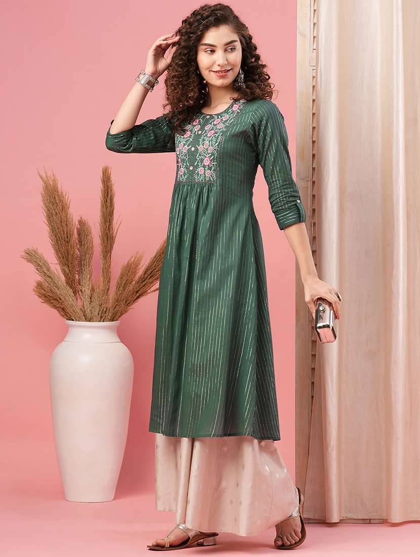 women green round neck a-line kurta - 20958597 - Standard Image - 1