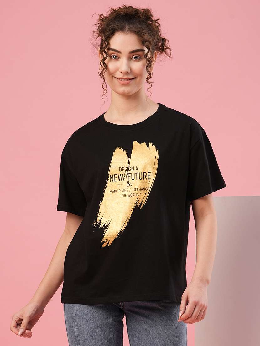globus women black typography printed drop shoulder boxy fit t-shirt